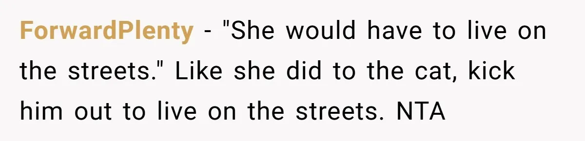 Boyfriend Comes Home To Missing Cat, Learns Girlfriend's Action And Serves Her Eviction Notice ForwardPlenty − "She would have to live on the streets." Like she did to the cat, kick him out to live on the streets. NTA