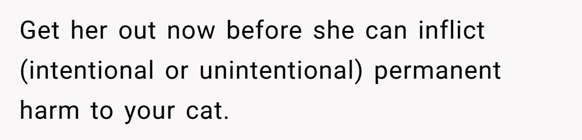 Boyfriend Comes Home To Missing Cat, Learns Girlfriend's Action And Serves Her Eviction Notice Get her out now before she can inflict (intentional or unintentional) permanent harm to your cat.