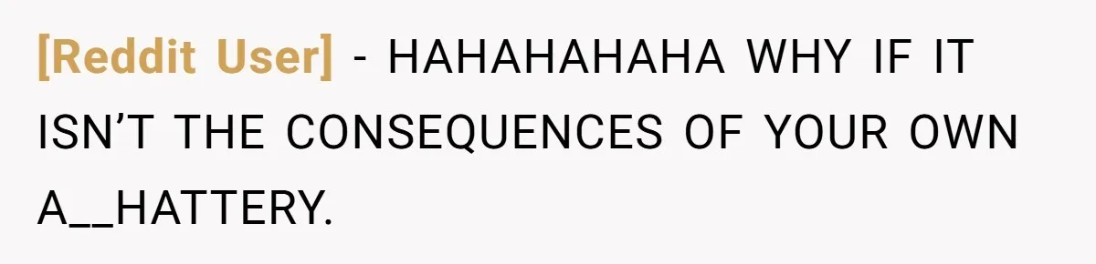 [Reddit User] − HAHAHAHAHA WHY IF IT ISN’T THE CONSEQUENCES OF YOUR OWN A__HATTERY.