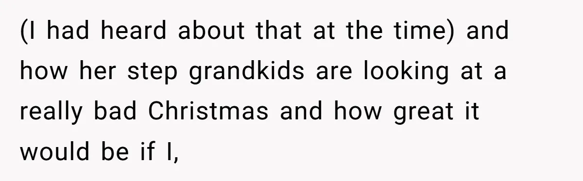 She Told Her Mother That Her Stepfamily Was Not Her Family - And Didn’t Owe Them a Penny (I had heard about that at the time) and how her step grandkids are looking at a really bad Christmas and how great it would be if I,
