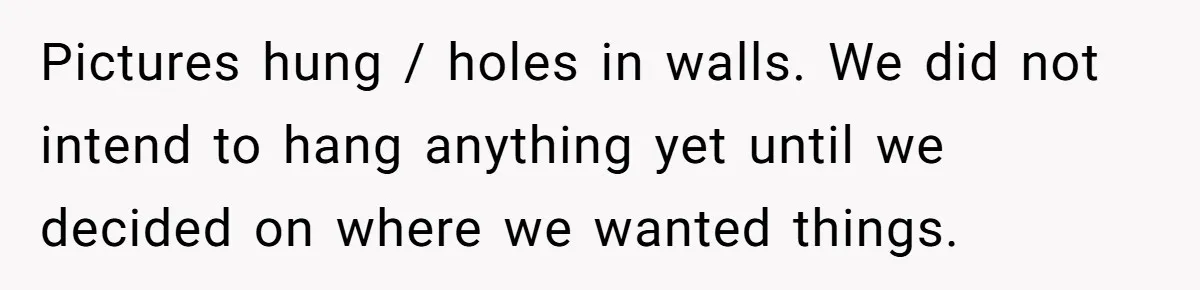 Man Hires Mom To Housesit, Returns To A Disaster Zone And Gets Called Ungrateful Pictures hung / holes in walls. We did not intend to hang anything yet until we decided on where we wanted things.