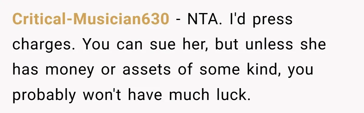 Man Hires Mom To Housesit, Returns To A Disaster Zone And Gets Called Ungrateful Critical-Musician630 − NTA. I'd press charges. You can sue her, but unless she has money or assets of some kind, you probably won't have much luck.