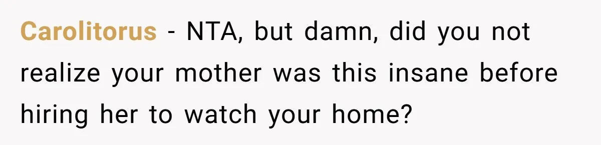 Man Hires Mom To Housesit, Returns To A Disaster Zone And Gets Called Ungrateful Carolitorus − NTA, but damn, did you not realize your mother was this insane before hiring her to watch your home?