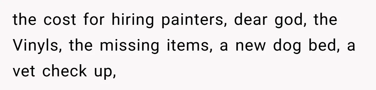 Man Hires Mom To Housesit, Returns To A Disaster Zone And Gets Called Ungrateful the cost for hiring painters, dear god, the Vinyls, the missing items, a new dog bed, a vet check up,
