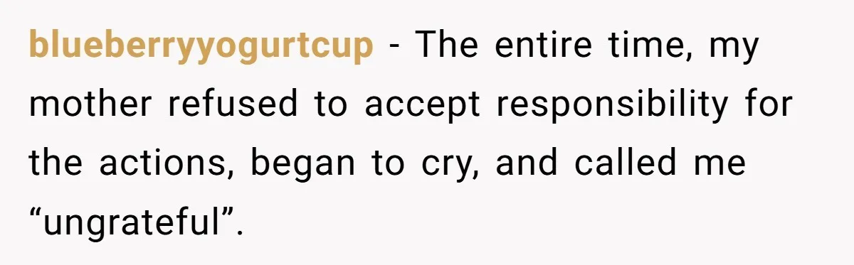 Man Hires Mom To Housesit, Returns To A Disaster Zone And Gets Called Ungrateful blueberryyogurtcup − The entire time, my mother refused to accept responsibility for the actions, began to cry, and called me “ungrateful”.