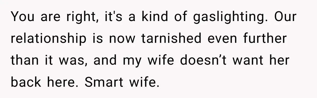 Man Hires Mom To Housesit, Returns To A Disaster Zone And Gets Called Ungrateful You are right, it's a kind of gaslighting. Our relationship is now tarnished even further than it was, and my wife doesn’t want her back here. Smart wife.
