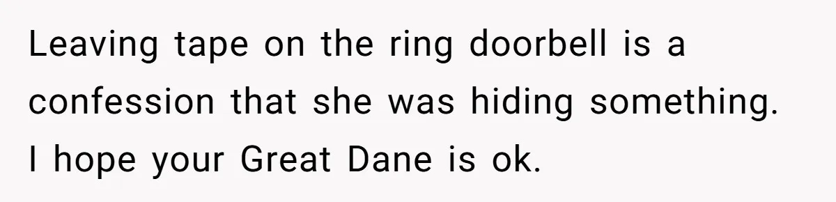 Man Hires Mom To Housesit, Returns To A Disaster Zone And Gets Called Ungrateful Leaving tape on the ring doorbell is a confession that she was hiding something. I hope your Great Dane is ok.