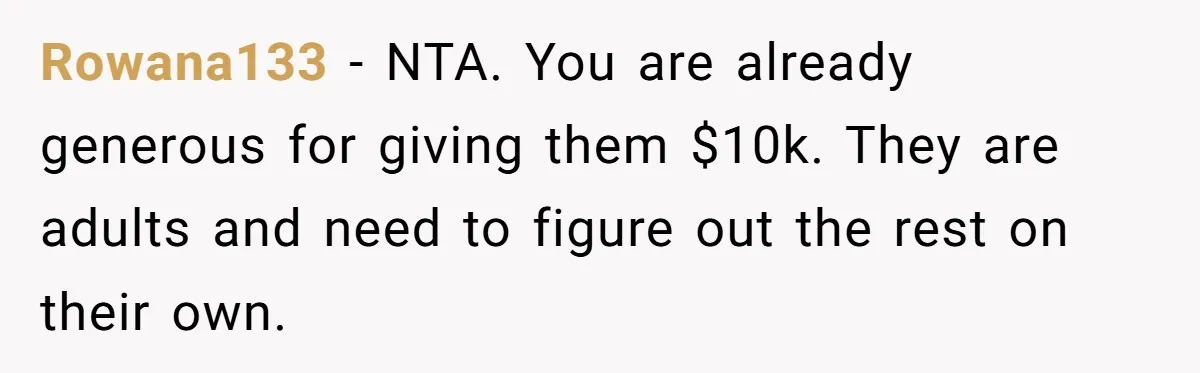 Widower Sells Family Home and Gives Stepchildren $10K Each After They Refuse to Contribute Rowana133 − NTA. You are already generous for giving them $10k. They are adults and need to figure out the rest on their own.