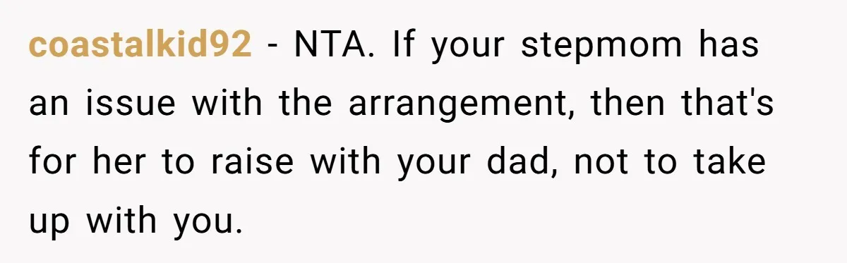 He Shrugged at His Dad’s Wife When She Demanded All of His Money coastalkid92 − NTA. If your stepmom has an issue with the arrangement, then that's for her to raise with your dad, not to take up with you.
