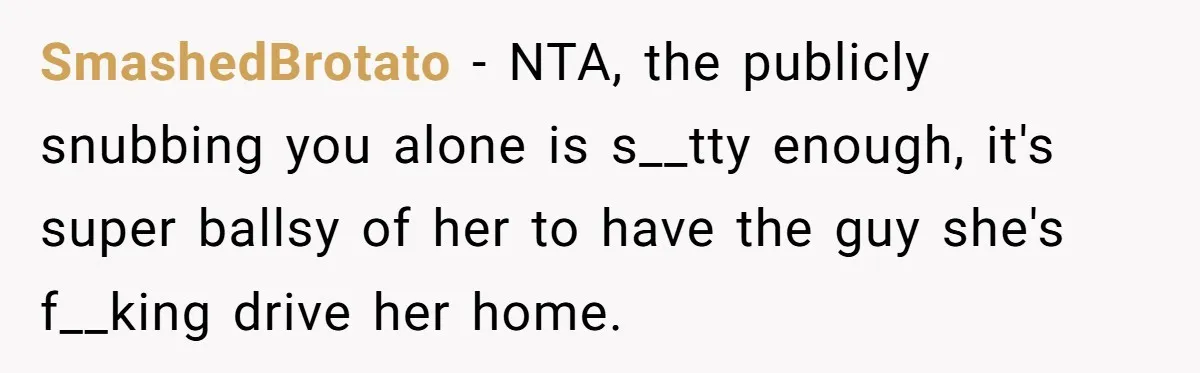 Man Ends Relationship When Girlfriend Leaves Him On Read To Party With Coworker SmashedBrotato − NTA, the publicly snubbing you alone is s__tty enough, it's super ballsy of her to have the guy she's f__king drive her home.
