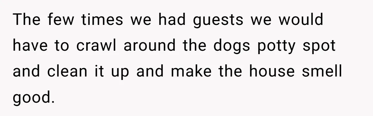 Mom Tells Teen To Leave, But When She Doesn't Return, Everything Falls Apart The few times we had guests we would have to crawl around the dogs potty spot and clean it up and make the house smell good.