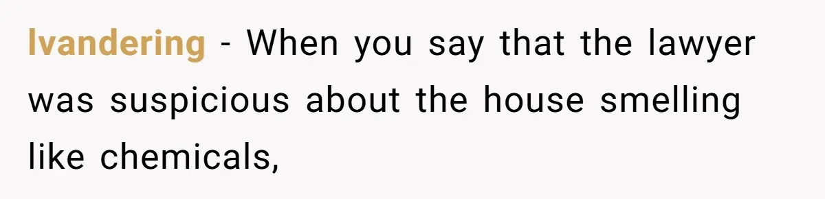 Mom Tells Teen To Leave, But When She Doesn't Return, Everything Falls Apart lvandering − When you say that the lawyer was suspicious about the house smelling like chemicals,