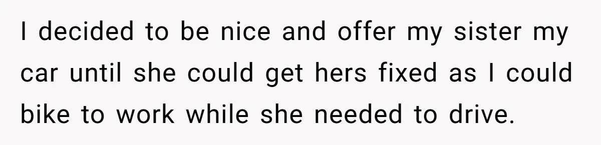 Sibling Lends Sister Car For Months Then Calls Police When She Sneaks Off With It I decided to be nice and offer my sister my car until she could get hers fixed as I could bike to work while she needed to drive.