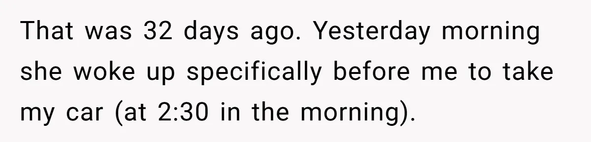 Sibling Lends Sister Car For Months Then Calls Police When She Sneaks Off With It That was 32 days ago. Yesterday morning she woke up specifically before me to take my car (at 2:30 in the morning).