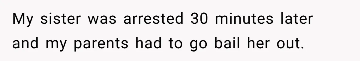 Sibling Lends Sister Car For Months Then Calls Police When She Sneaks Off With It My sister was arrested 30 minutes later and my parents had to go bail her out.