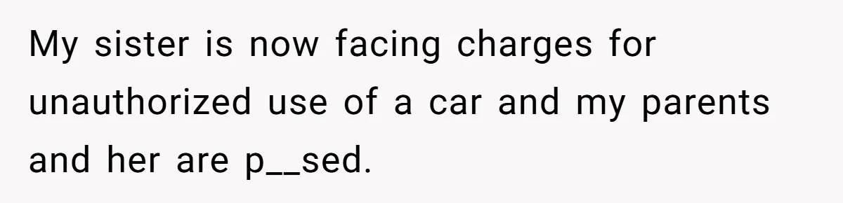 Sibling Lends Sister Car For Months Then Calls Police When She Sneaks Off With It My sister is now facing charges for unauthorized use of a car and my parents and her are p__sed.