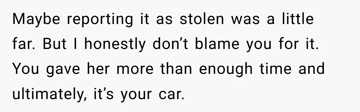 Sibling Lends Sister Car For Months Then Calls Police When She Sneaks Off With It Maybe reporting it as stolen was a little far. But I honestly don’t blame you for it. You gave her more than enough time and ultimately, it’s your car.