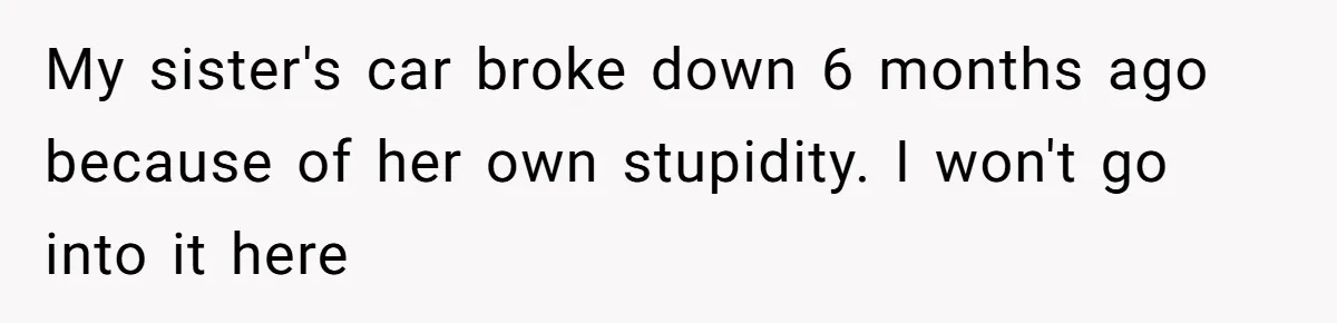 Sibling Lends Sister Car For Months Then Calls Police When She Sneaks Off With It My sister's car broke down 6 months ago because of her own stupidity. I won't go into it here