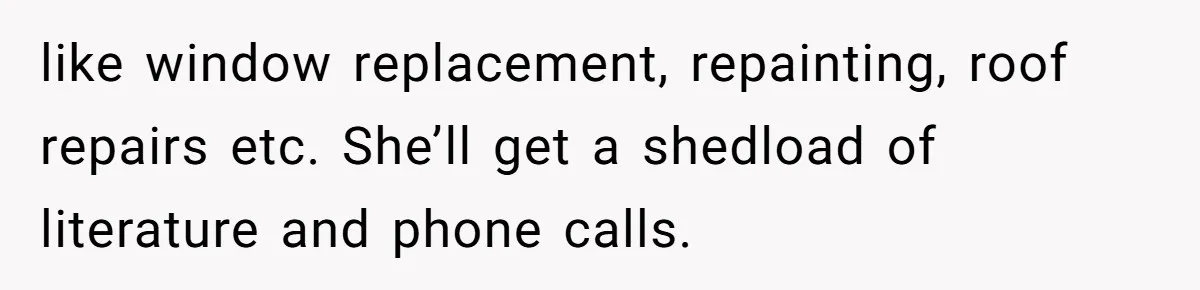 like window replacement, repainting, roof repairs etc. She’ll get a shedload of literature and phone calls.