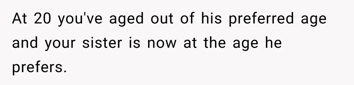 Girl Trusts Her Gut, Breaks Off Engagement And Everyone Thinks She’s ‘Too Sensitive’ At 20 you've aged out of his preferred age and your sister is now at the age he prefers.