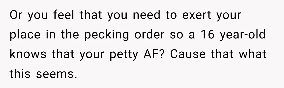 Or you feel that you need to exert your place in the pecking order so a 16 year-old knows that your petty AF? Cause that what this seems.