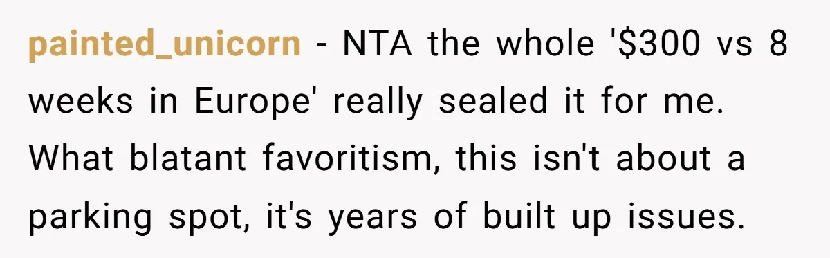painted_unicorn − NTA the whole '$300 vs 8 weeks in Europe' really sealed it for me. What blatant favoritism, this isn't about a parking spot, it's years of built up...