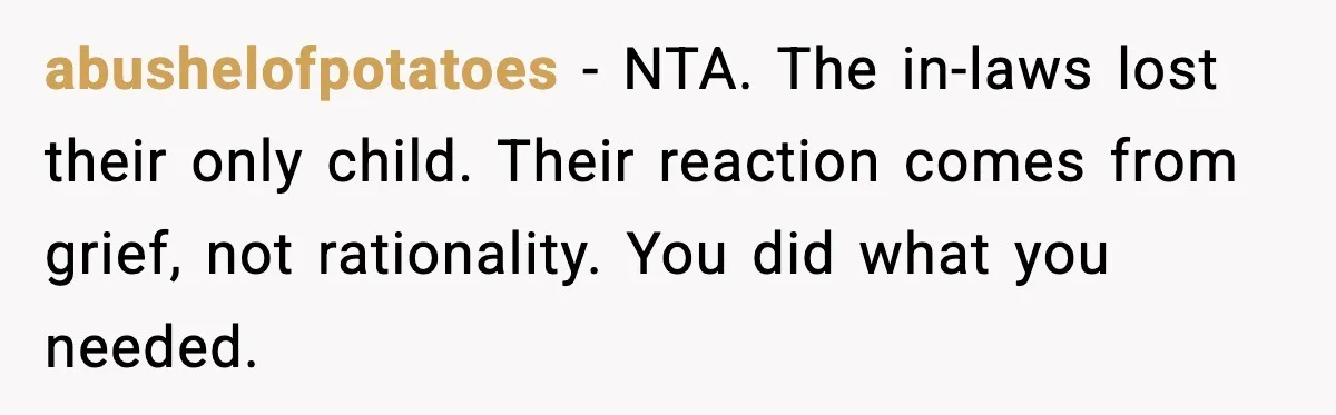 Young Mom Flees to Canada With Her Kids and Her In-Laws Call It a Betrayal abushelofpotatoes - NTA. The in-laws lost their only child. Their reaction comes from grief, not rationality. You did what you needed.