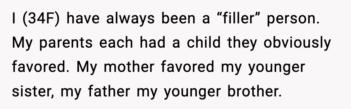 Woman Confronts Her Life After Illness While Husband Chases His Past Love I (34F) have always been a “filler” person. My parents each had a child they obviously favored. My mother favored my younger sister, my father my younger brother.
