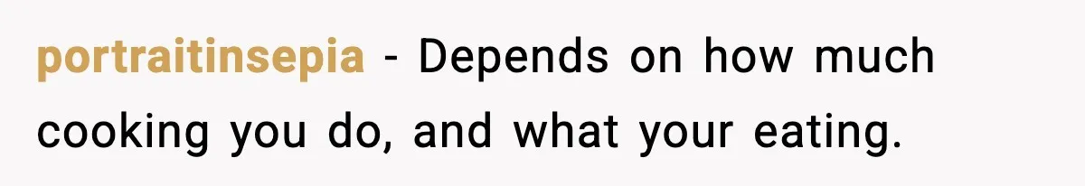 Roommate Wakes Couple At 3 AM For Snacks Every Night, Then Reveals A Wild Plot Twist portraitinsepia − Depends on how much cooking you do, and what your eating.