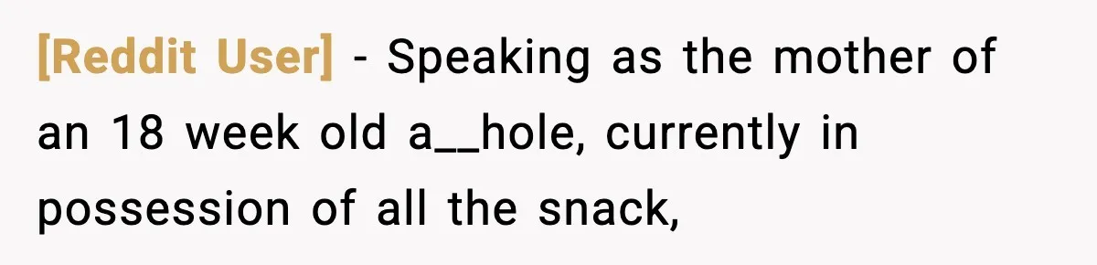 [Reddit User] − Speaking as the mother of an 18 week old a__hole, currently in possession of all the snack,