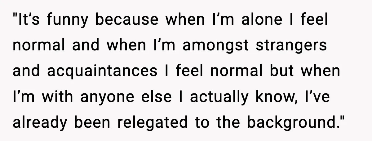 Woman Confronts Her Life After Illness While Husband Chases His Past Love "It’s funny because when I’m alone I feel normal and when I’m amongst strangers and acquaintances I feel normal but when I’m with anyone else I actually know, I’ve already...