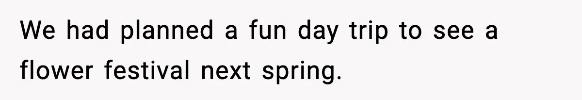 Woman Confronts Her Life After Illness While Husband Chases His Past Love We had planned a fun day trip to see a flower festival next spring.