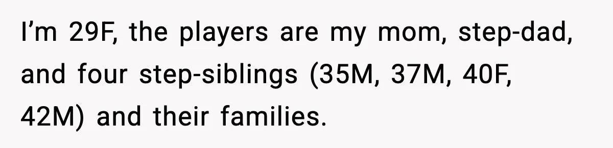 Family Mocks Her For Being Single, She Fires Back With Every Scandal At The Table I’m 29F, the players are my mom, step-dad, and four step-siblings (35M, 37M, 40F, 42M) and their families.