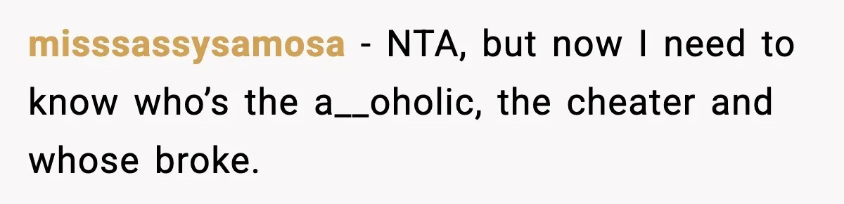 Family Mocks Her For Being Single, She Fires Back With Every Scandal At The Table misssassysamosa − NTA, but now I need to know who’s the a__oholic, the cheater and whose broke.
