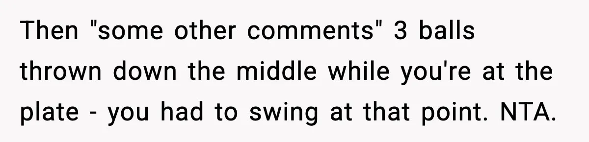 Family Mocks Her For Being Single, She Fires Back With Every Scandal At The Table Then "some other comments" 3 balls thrown down the middle while you're at the plate - you had to swing at that point. NTA.