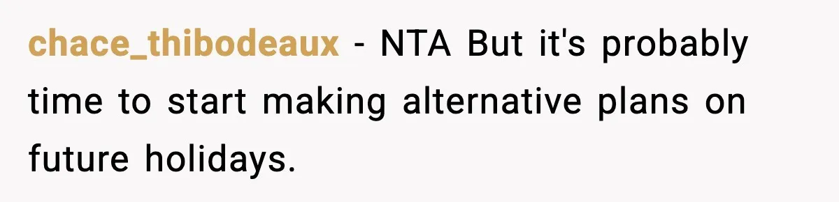 Family Mocks Her For Being Single, She Fires Back With Every Scandal At The Table chace_thibodeaux − NTA But it's probably time to start making alternative plans on future holidays.