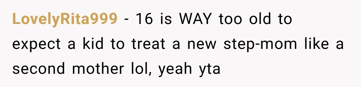 Mom Leaves Wedding After Son Chooses Aunt Over Stepmom For Mother-Son Dance, Family Turns On Her LovelyRita999 − 16 is WAY too old to expect a kid to treat a new step-mom like a second mother lol, yeah yta
