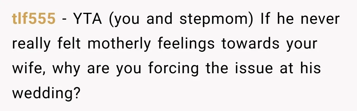 Mom Leaves Wedding After Son Chooses Aunt Over Stepmom For Mother-Son Dance, Family Turns On Her tlf555 − YTA (you and stepmom) If he never really felt motherly feelings towards your wife, why are you forcing the issue at his wedding?