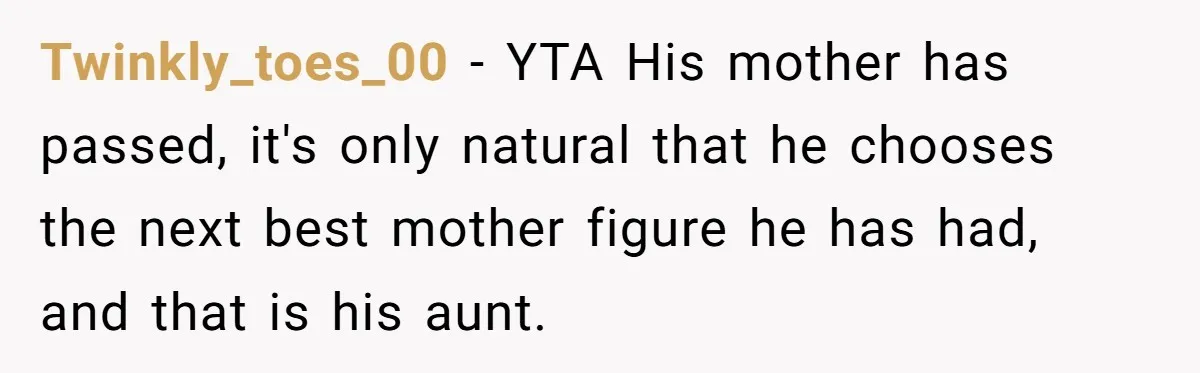 Mom Leaves Wedding After Son Chooses Aunt Over Stepmom For Mother-Son Dance, Family Turns On Her Twinkly_toes_00 − YTA His mother has passed, it's only natural that he chooses the next best mother figure he has had, and that is his aunt.