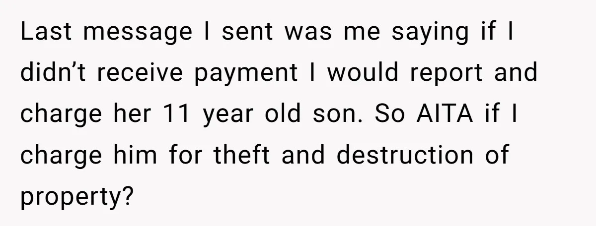 Parent Considers Pressing Charges Against 11-Year-Old Who Stole and Destroyed Their Son’s Phone - AITA?” Last message I sent was me saying if I didn’t receive payment I would report and charge her 11 year old son. So AITA if I charge him for theft...