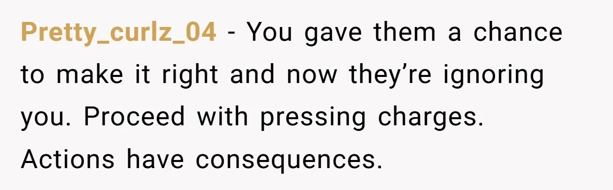 Parent Considers Pressing Charges Against 11-Year-Old Who Stole and Destroyed Their Son’s Phone - AITA?” Pretty_curlz_04 − You gave them a chance to make it right and now they’re ignoring you. Proceed with pressing charges. Actions have consequences.