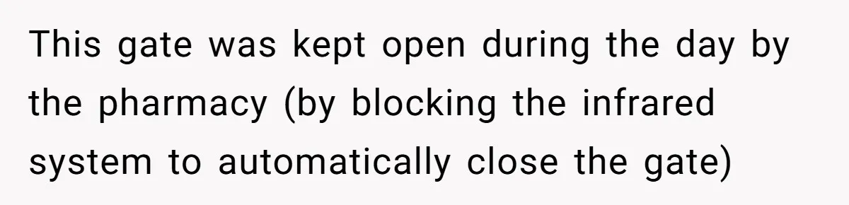Homeowner Blocks Trespassing Parent in Driveway After Repeatedly Being Stopped This gate was kept open during the day by the pharmacy (by blocking the infrared system to automatically close the gate)