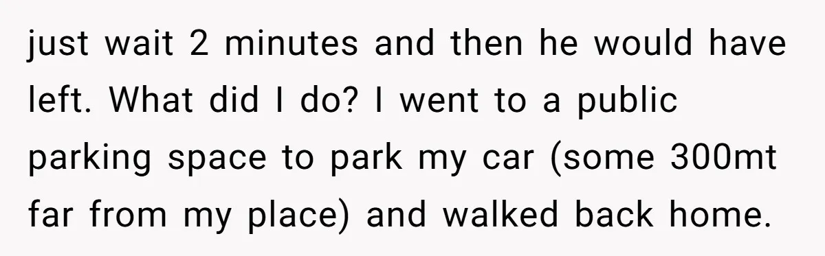 Homeowner Blocks Trespassing Parent in Driveway After Repeatedly Being Stopped just wait 2 minutes and then he would have left. What did I do? I went to a public parking space to park my car (some 300mt far from my...