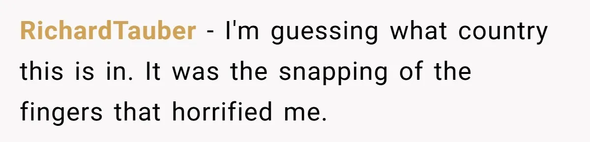 Entitled Mom Mistakes Random Visitor For Daycare Worker And Demands She Gets Fired Immediately RichardTauber − I'm guessing what country this is in. It was the snapping of the fingers that horrified me.