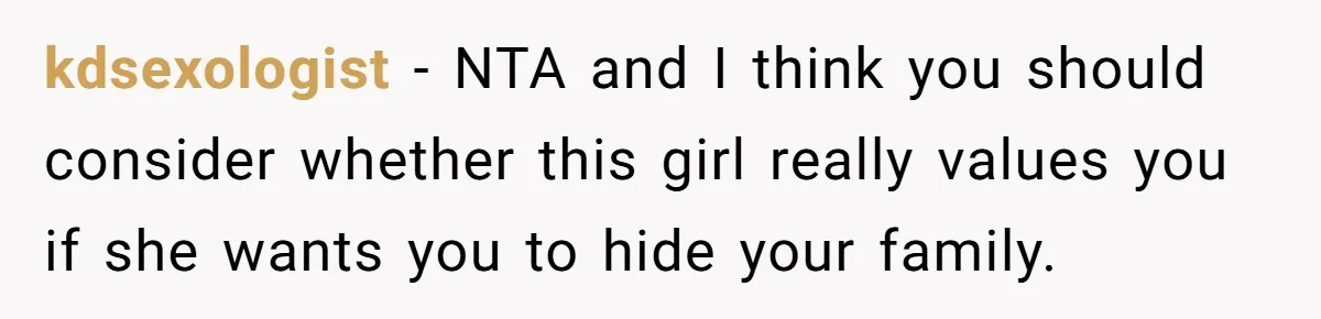 Refusing to Lie About His Moms Causes Drama With Girlfriend - AITA?” kdsexologist − NTA and I think you should consider whether this girl really values you if she wants you to hide your family.