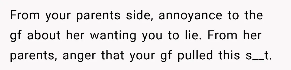 Refusing to Lie About His Moms Causes Drama With Girlfriend - AITA?” From your parents side, annoyance to the gf about her wanting you to lie. From her parents, anger that your gf pulled this s__t.