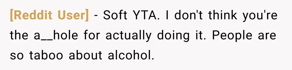 [Reddit User] − Soft YTA. I don't think you're the a__hole for actually doing it. People are so taboo about alcohol.