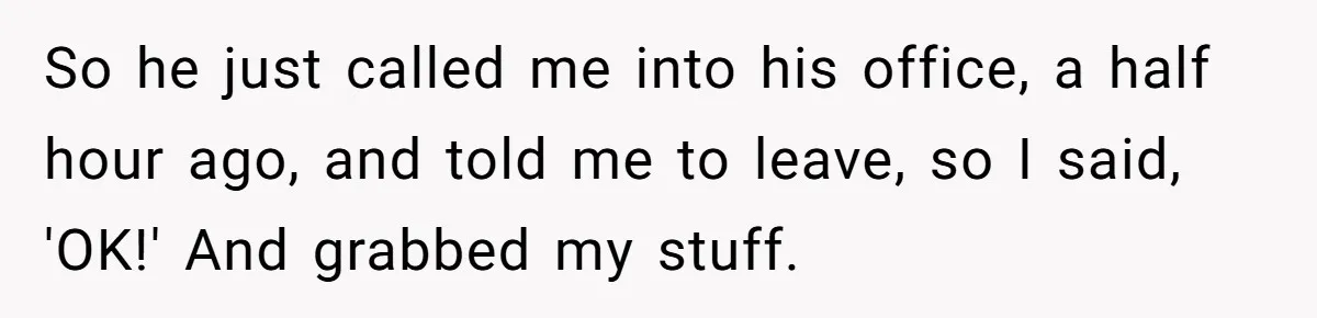 Employee Quits Toxic Job Right Before Coworker's First Vacation In Years And Watches Chaos Unfold So he just called me into his office, a half hour ago, and told me to leave, so I said, 'OK!' And grabbed my stuff.