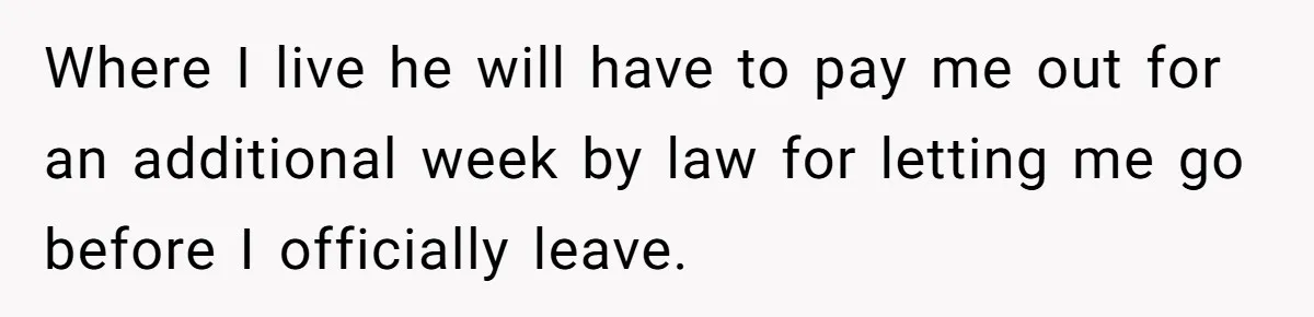 Employee Quits Toxic Job Right Before Coworker's First Vacation In Years And Watches Chaos Unfold Where I live he will have to pay me out for an additional week by law for letting me go before I officially leave.