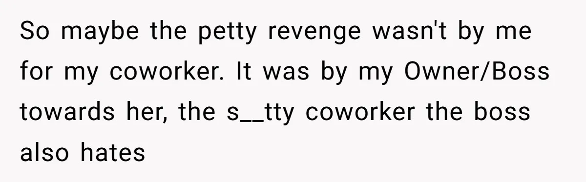 Employee Quits Toxic Job Right Before Coworker's First Vacation In Years And Watches Chaos Unfold So maybe the petty revenge wasn't by me for my coworker. It was by my Owner/Boss towards her, the s__tty coworker the boss also hates